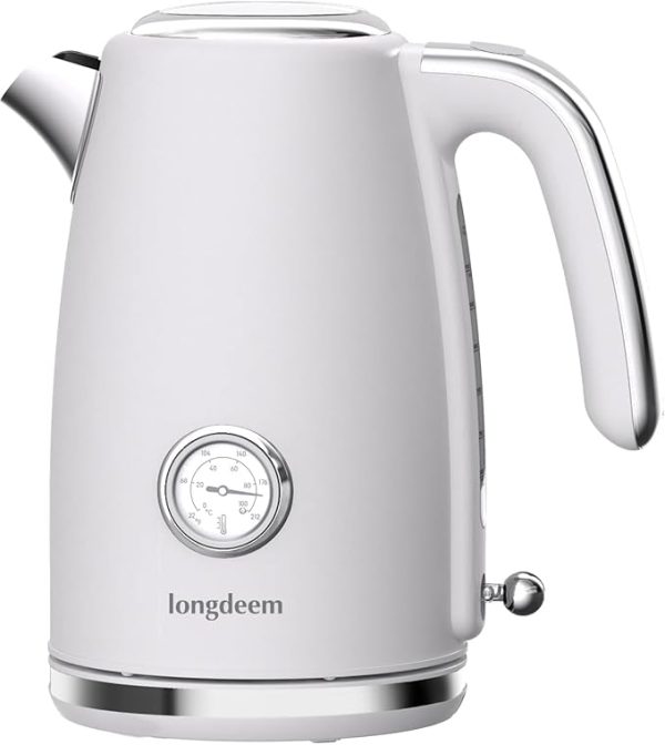 Electric Kettle Quick Heating, Hot Tea Water Boiler with Thermometer 1.7L Stainless Steel Cordless LED Indicator 1500W, Auto Shut-Off & Boil Dry Protection, Easy to Clean, White