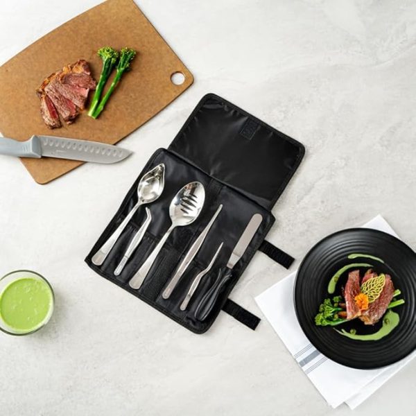 Restaurantware Met Lux Plating Tools 1 Durable Chef Garnish Tool Set - 6-Piece Set Ergonomic Grooved Handle Stainless Steel Food Styling Tools Included In A 6-Compartment Roll Pouch - Image 3