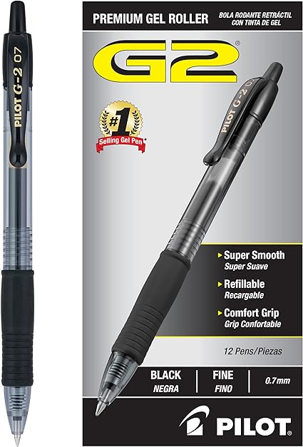 Pilot, G2 Premium Gel Roller Pens, Fine Point 0.7 mm, Black, Pack of 12 (Dozen Box)