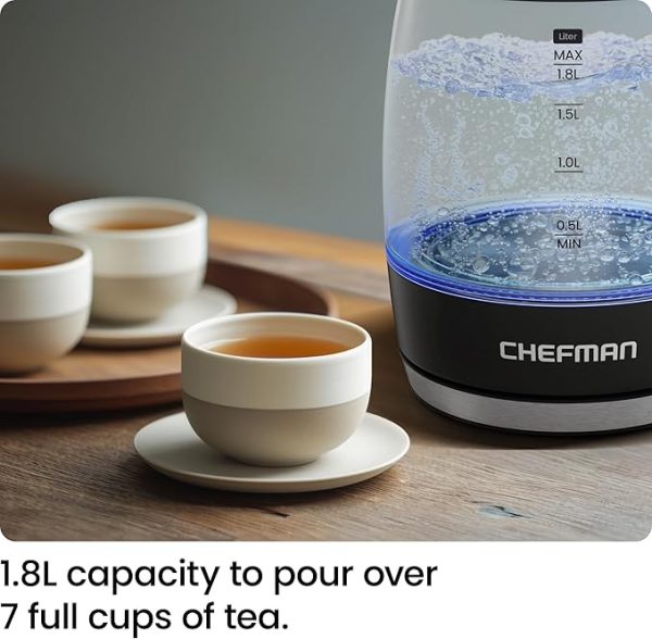 Chefman Electric Kettle, 1.8L 1500W, Hot Water Boiler, Removable Lid for Easy Cleaning, Auto Shut Off, Boil-Dry Protection, Stainless Steel Filter, BPA Free, Borosilicate Glass Electric Tea Kettle - Image 4