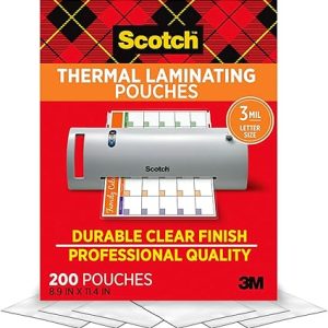 Scotch Thermal Laminating Pouches,200 Pack Laminating Sheets,3 Mil,8.9 x 11.4 Inches, Education Supplies & Craft Supplies, For Use With Thermal Laminators, Letter Size Sheets