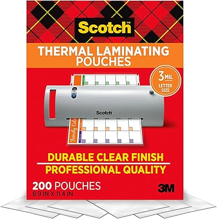 Scotch Thermal Laminating Pouches,200 Pack Laminating Sheets,3 Mil,8.9 x 11.4 Inches, Education Supplies & Craft Supplies, For Use With Thermal Laminators, Letter Size Sheets