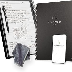 Rocketbook Core Reusable Spiral Notebook, Letter Size 8.5x11, Black - Lined Pages, App-Connected, Erasable, Durable Cover, Ideal for School, Work, and Creative Projects