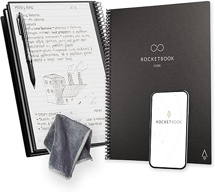 Rocketbook Core Reusable Spiral Notebook, Letter Size 8.5x11, Black - Lined Pages, App-Connected, Erasable, Durable Cover, Ideal for School, Work, and Creative Projects